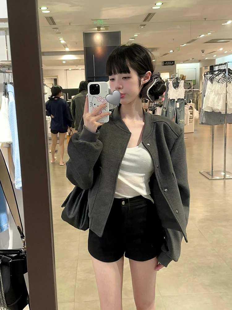 

Casual ey Baseball Jaet Women's Premium Loose Slimming ort Cardigan Woolen Autumn Winter Outerwear Commute Sle