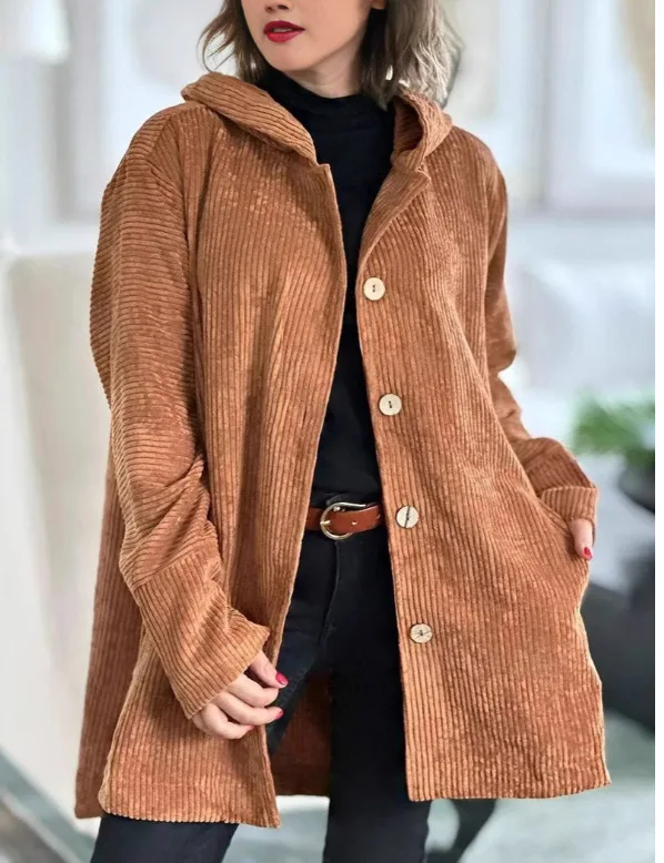 

Women Hooded Loose Corduroy Casual Jacket Autumn Winter New Style European Fashion Outerwear