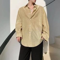 Mens Fashion Shiny Bright Silk Woven Shirt Autumn Genderless Trend Personality Stage Loose Nightclub Long-Sleeve Shirt Unisex