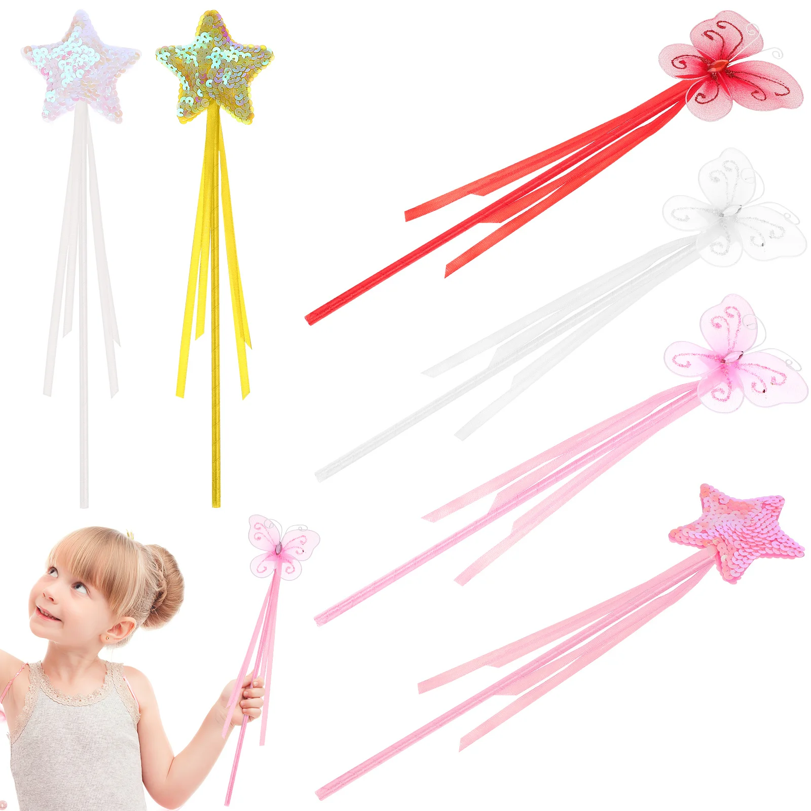 6Pcs Fairy Wands Kit Star and Butterfly Shapes Kids Cosplay Party Props Costume Props Girls Fairy Sticks Star Wands