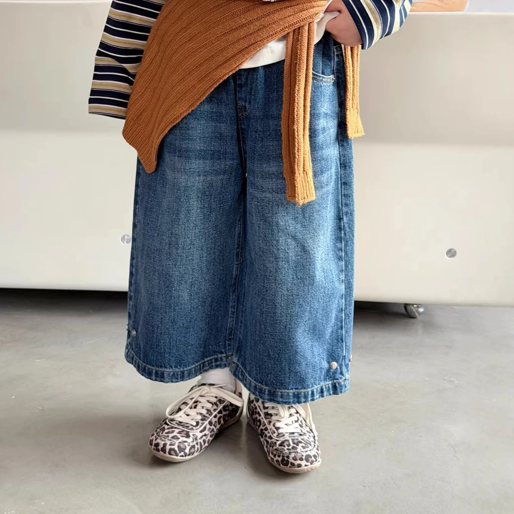 Pants 2026 Spring and Summer New Childrens Clothing Korean Style Boys and Girls Casual Sand Wash Straight Tube 7 Minutes Jeans