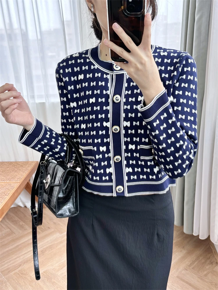 Sweaters for women fashion 2024 Bow tie cardigan heavy industry three-dimensional jacquard knitting design, slimming