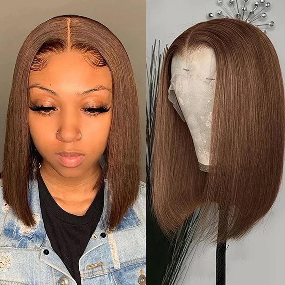 

Бразильский бесклеевой парик 13x4 4x4, цвет 4 # Коричневые короткие прямые человеческие волосы Боб парик кружевные передние парики из натуральных волос предварительно сорванные