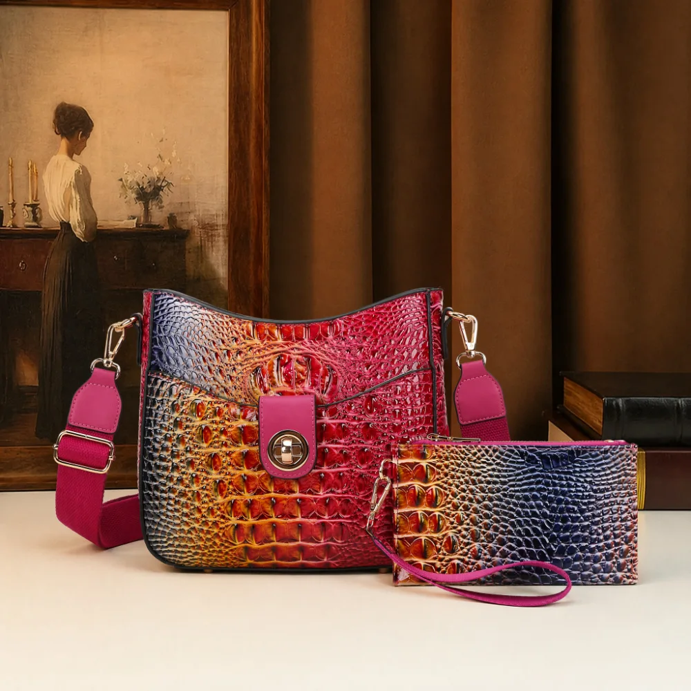 Vintage Crocodile Pattern Mother Bag Colorful Gradient Change One Shoulder Sling Stray Bags for Women