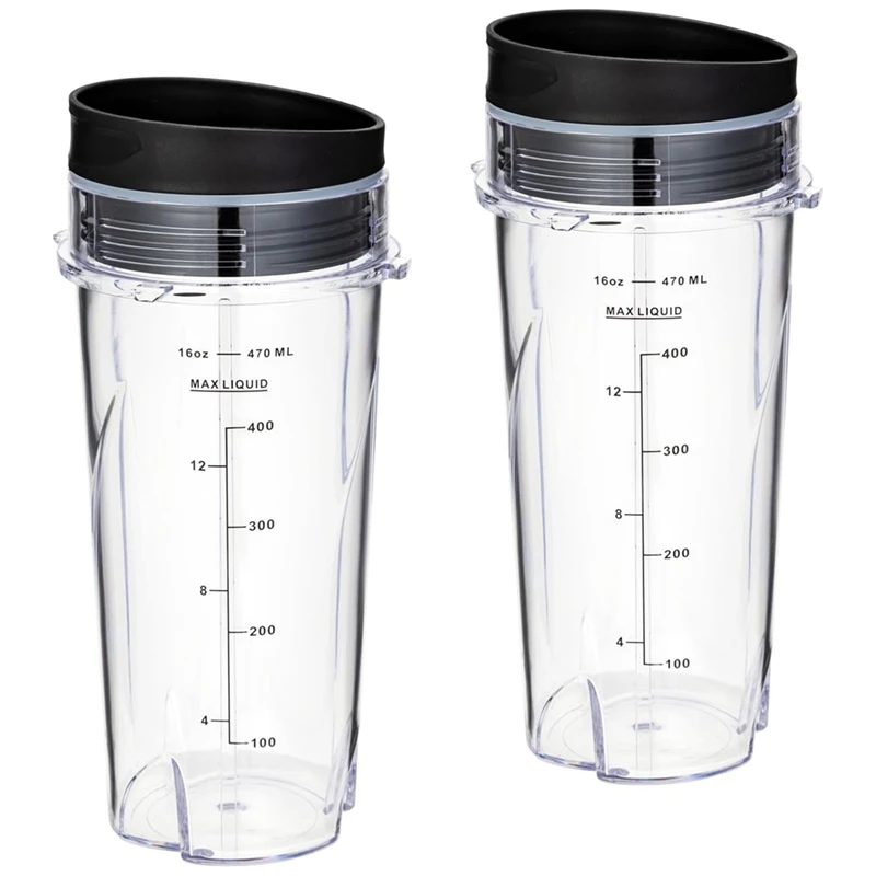 16Oz Replacement Cups For Ninja QB3001SS Fit Compact Personal Blender, With Lids- 2 Pack