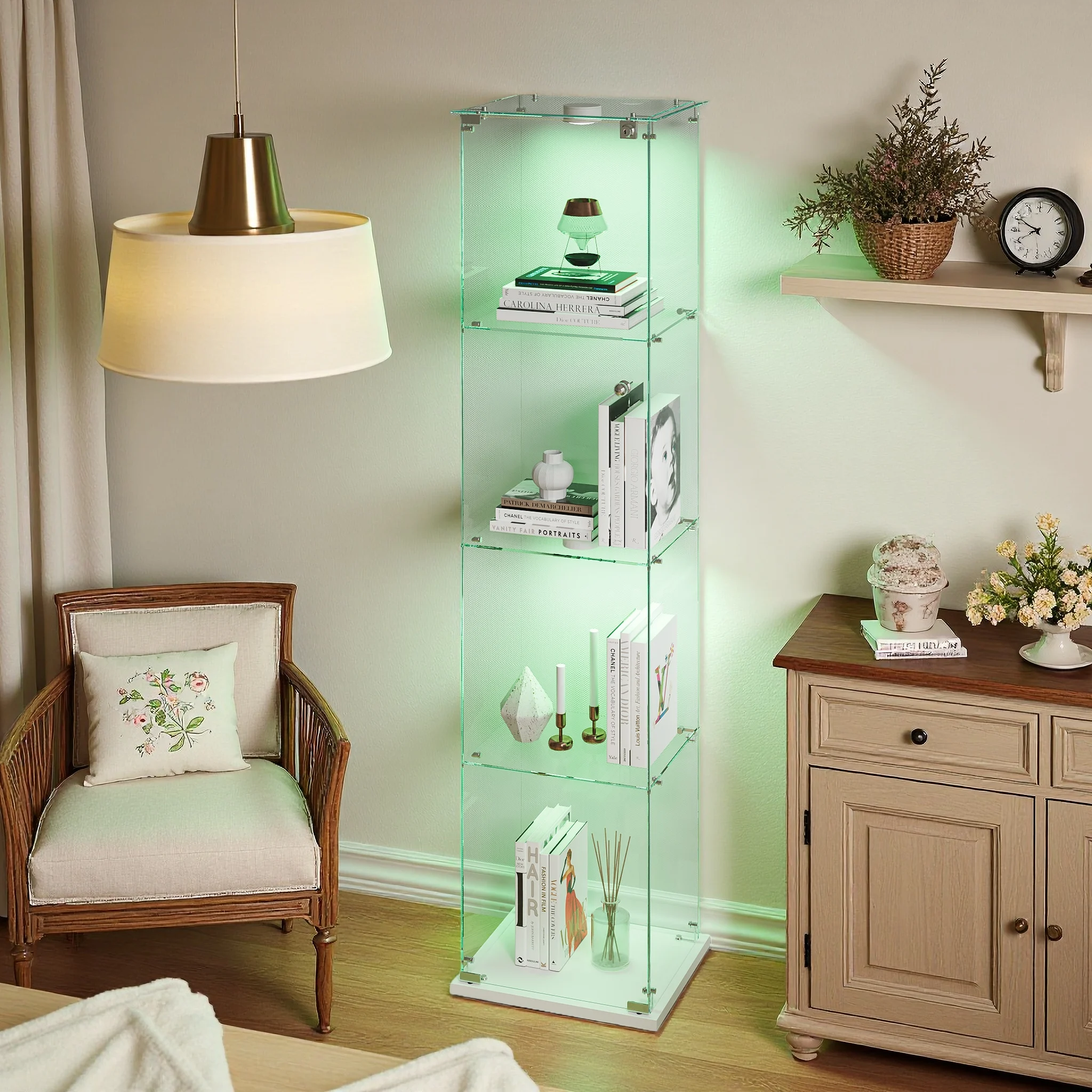 Vitrine en verre sur pied avec éclairage LED, 4 niveaux, en verre trempé transparent, avec porte verrouillable, vitrine de collection verticale haute, vitrine moderne autoportante pour objets de collection, jouets, trophées, livres