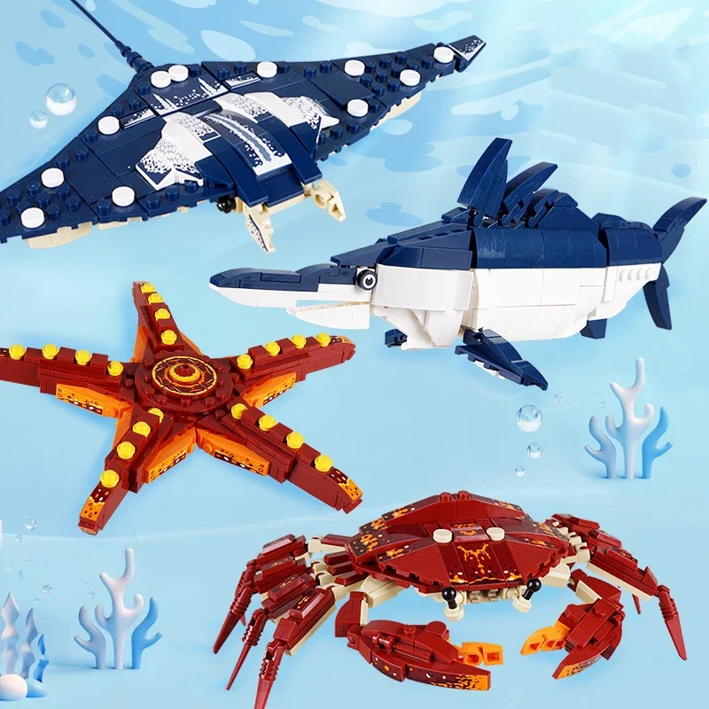 Ocean Animals Building Block  DIY Creative Assembly Crab Shark Lobster Robot Deformation for Kids Adults Gift Small Particle Toy