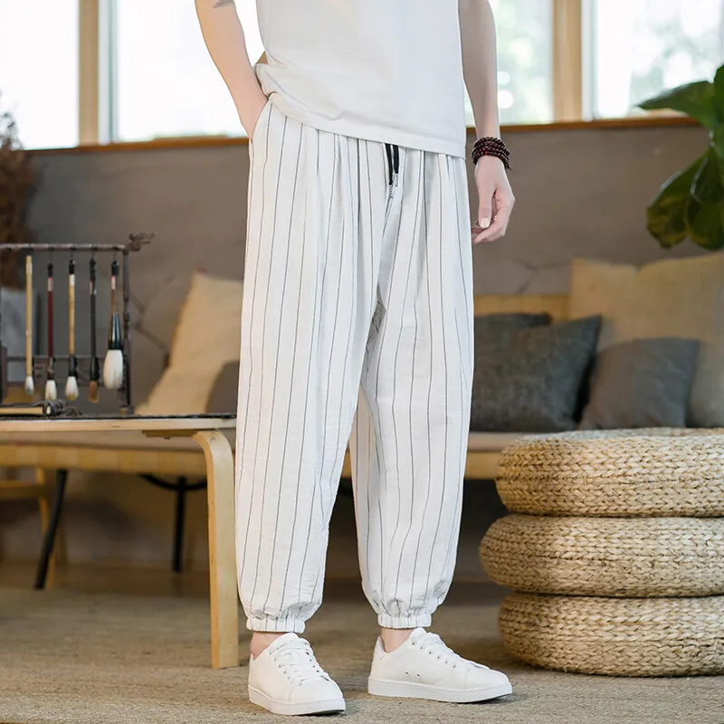 

Летние хлопковые льняные шаровары в японском стиле в полоску, мужские уличные дышащие пляжные брюки, мужские повседневные брюки до щиколотки