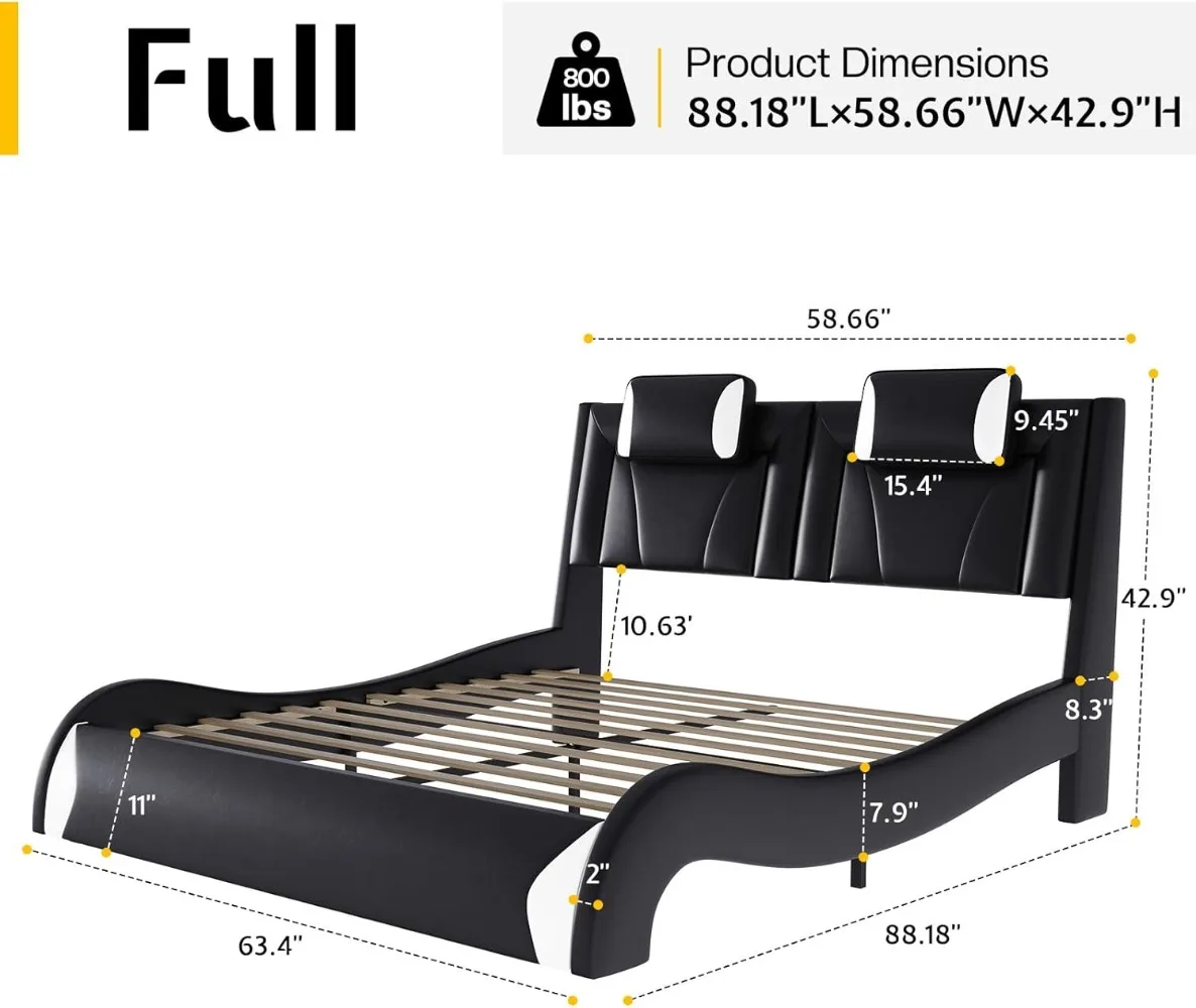 Estrutura de cama LED completa, cama moderna de plataforma estofada em couro sintético, design ondulado como curva, sem necessidade de molas, preta