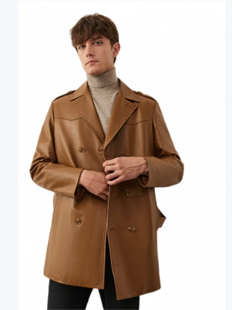 Luxury Men Natural Cowhide Business Casual Jackets Double Breasted Mid-length Genuine Leather Windbreaker Jacket Belt Lapel Coat