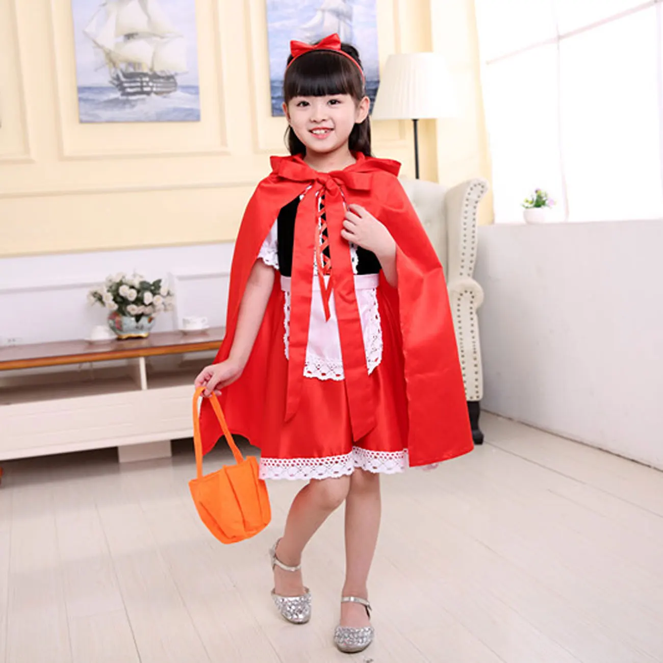 Gaun Putri Tudung Merah Kecil Halloween Dongeng 2025 untuk Anak Perempuan Kostum Topeng Pertunjukan Natal dengan Set Jubah