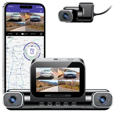 AZDOME-Caméra de tableau de bord de voiture avec commande vocale, moniteur de stationnement 24h, super vision nocturne, Mconved 2K + 3*1080P 4CH DVR GPS 5G Wifi intégré 128GB eMMC