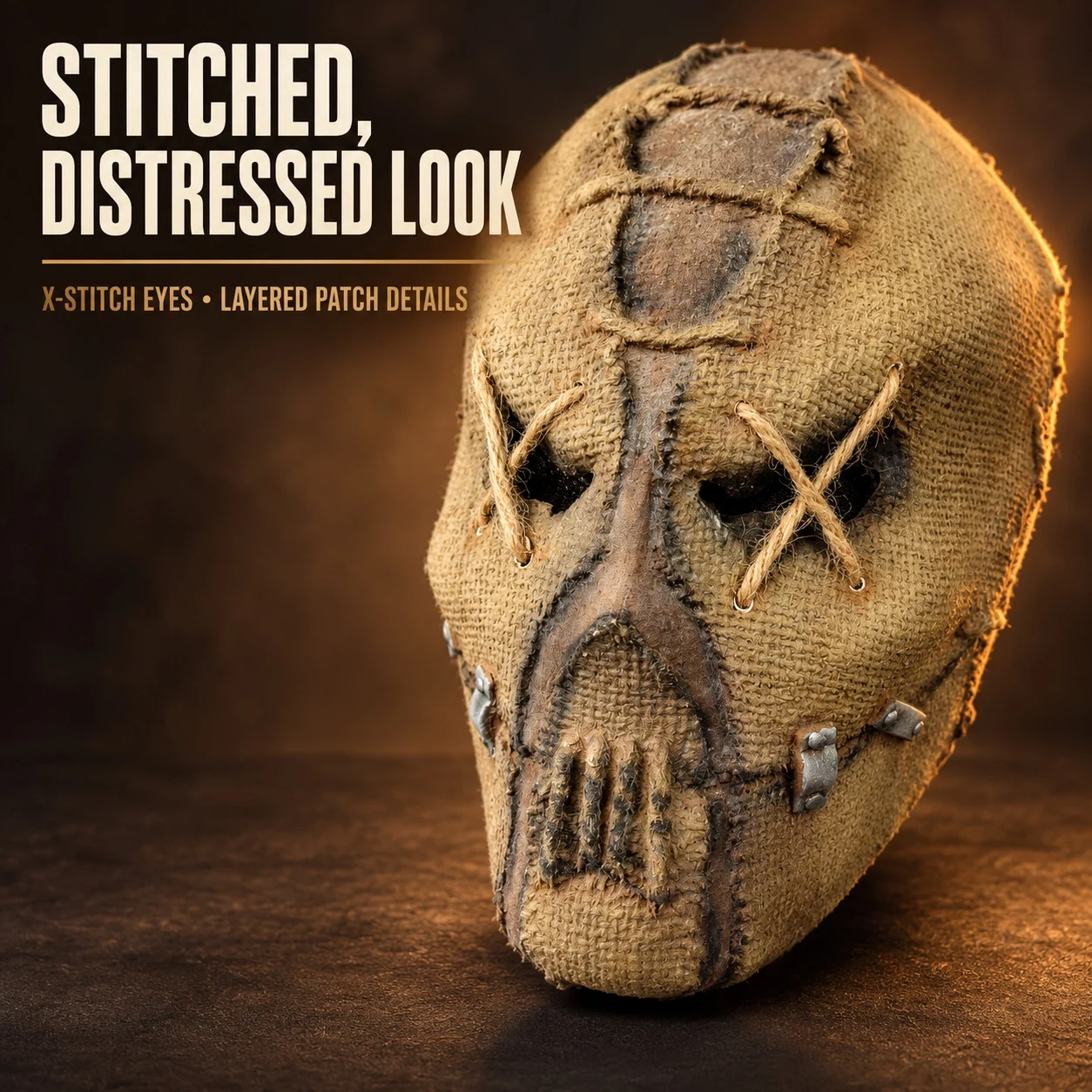Totenkopfmaske im Jute-Look, Ganzkopf-Vogelscheuche-Kostümmaske mit X-Stich-Augendetails für Halloween-Party und Cosplay – Detail 2