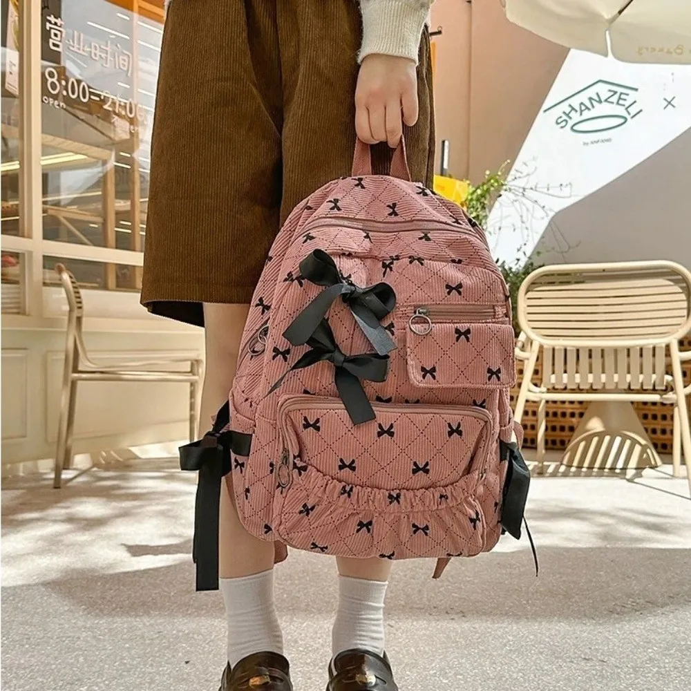 Mode Corduroy Strik Schooltas Grote Capaciteit Strik Print Rugzak Tas Ins Stijl Veelzijdige Rugzak Student