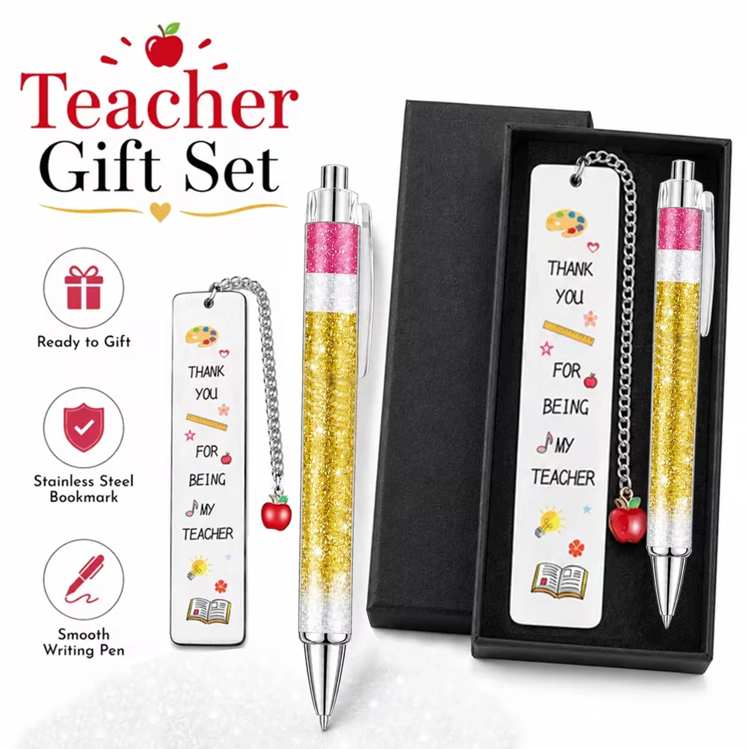 3 Piece “Thank You, Teacher” Gift Set Includes An Apple-Shaped Keychain A Metal Bookmark A Matching Ballpoint Pen And A Gift Box