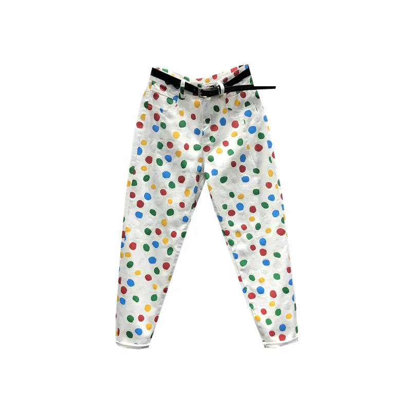 Colorful Polka Dot Jeans for Women 2024 Spring Autumn All-Matching Trousers High Waist Slimming Harem Pants High Waisted Jeans