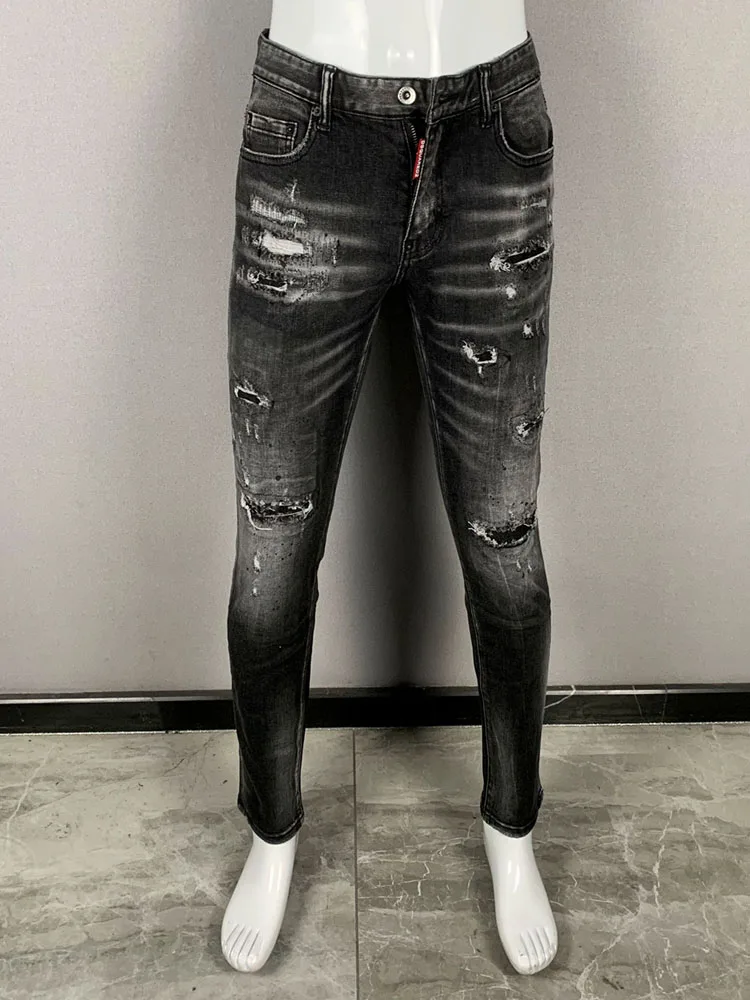 

Men's Slim Fit Denim Jeans Bla Waed Ripped Patch Heavy Crt Luxury Faion Urban Sle mid Waist Long Pants Straight Leg