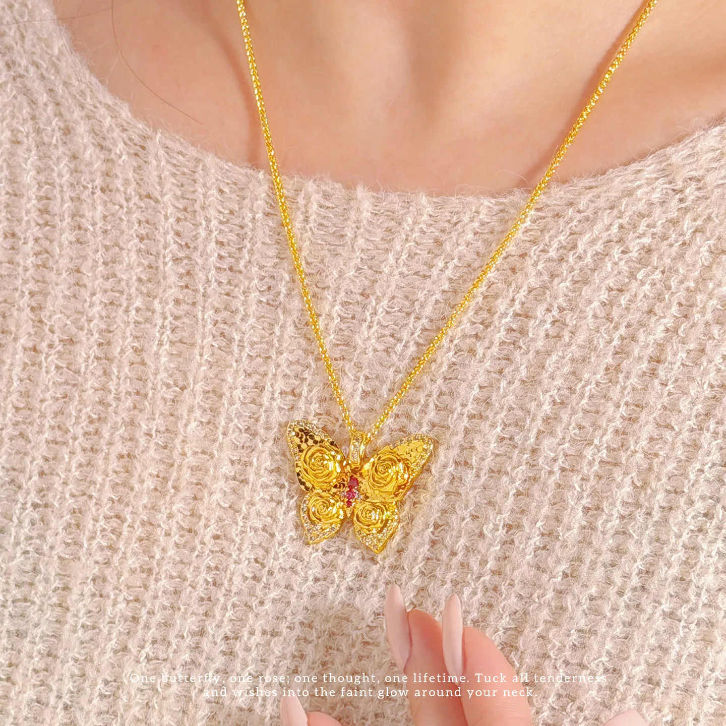 

luxury real gold jewelry 24k certifid sparkling crushed ice rose butterfly pendant women's 999 pure gold dot diamond necklace