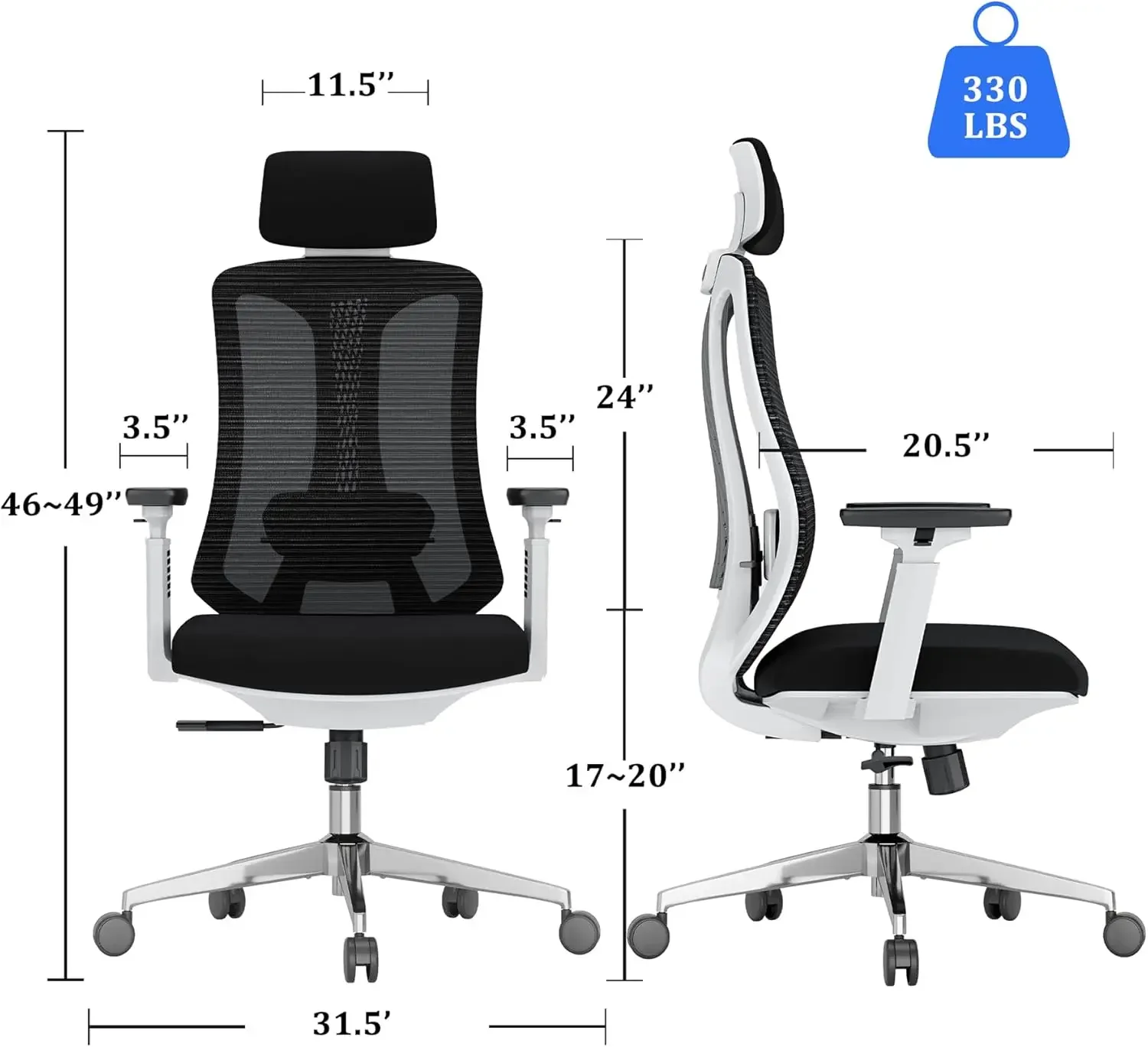 Bürostuhl, Computertischstuhl mit 3D-Armlehnen, verstellbarem Lendenkissen und verstellbarer Kopfstütze