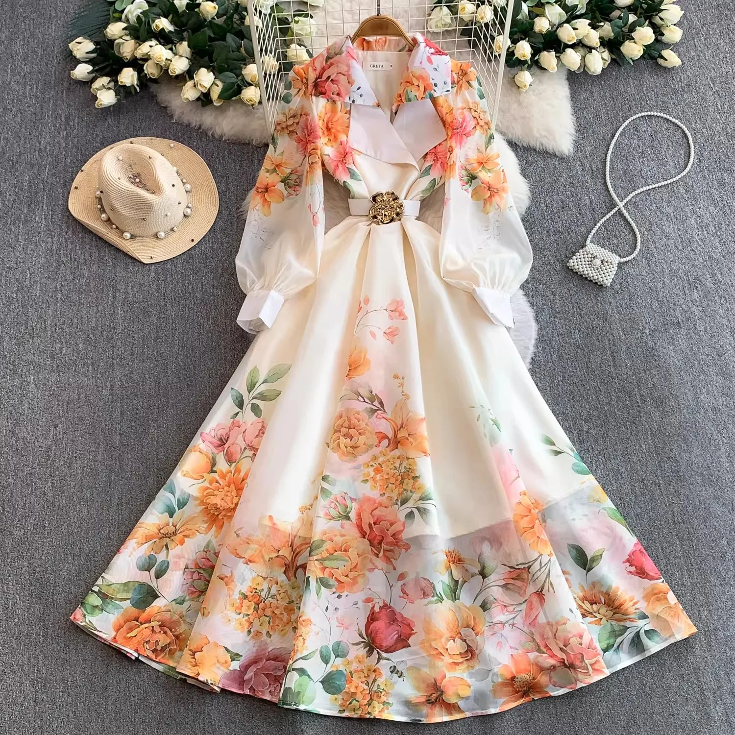 

Elegant Print Flower Bandage Dress Women's Notched V-Neck Long Lantern Sleeve Waist-cinching Belt Maxi Vestidos Holiday