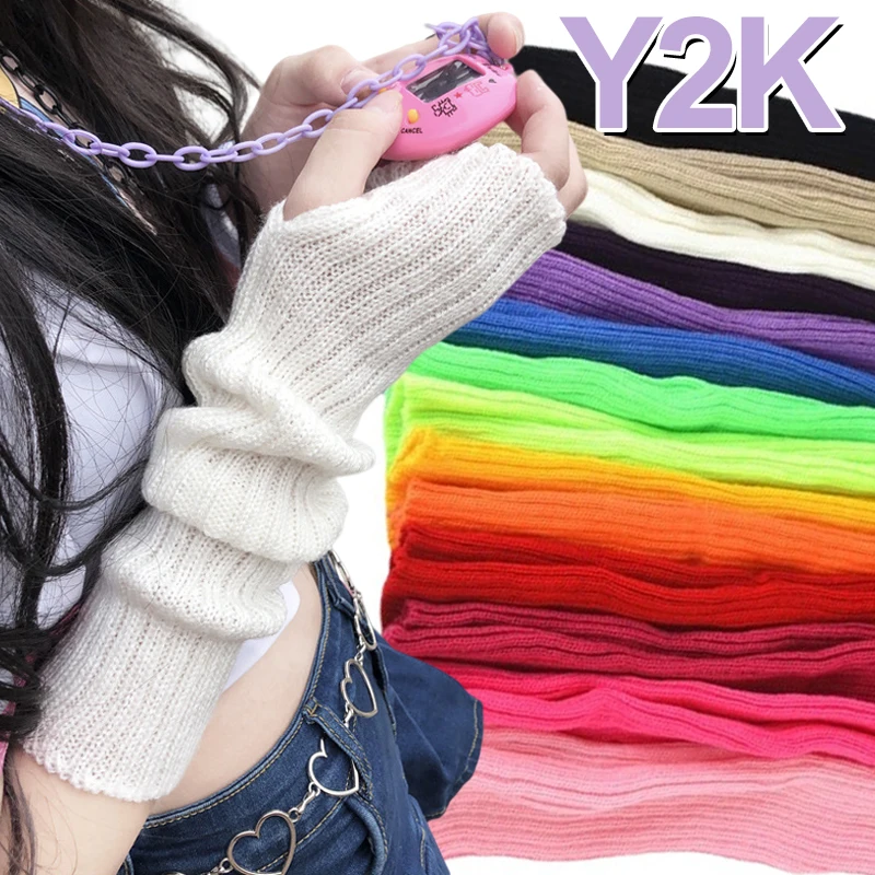 

Y2k Fingerless Mittens Female Anime Gloves Knitted Mittens Winter Arm Warmer Punk Gothic Knitting Glove Girls Solid Arm Sleeves