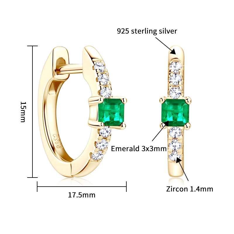 925 Sterling Silver Plated 14K Gold Ladies Hoop Earring 3x3mm Square Artificial Emerald Vintage Earrings for Women Jewelry Gift