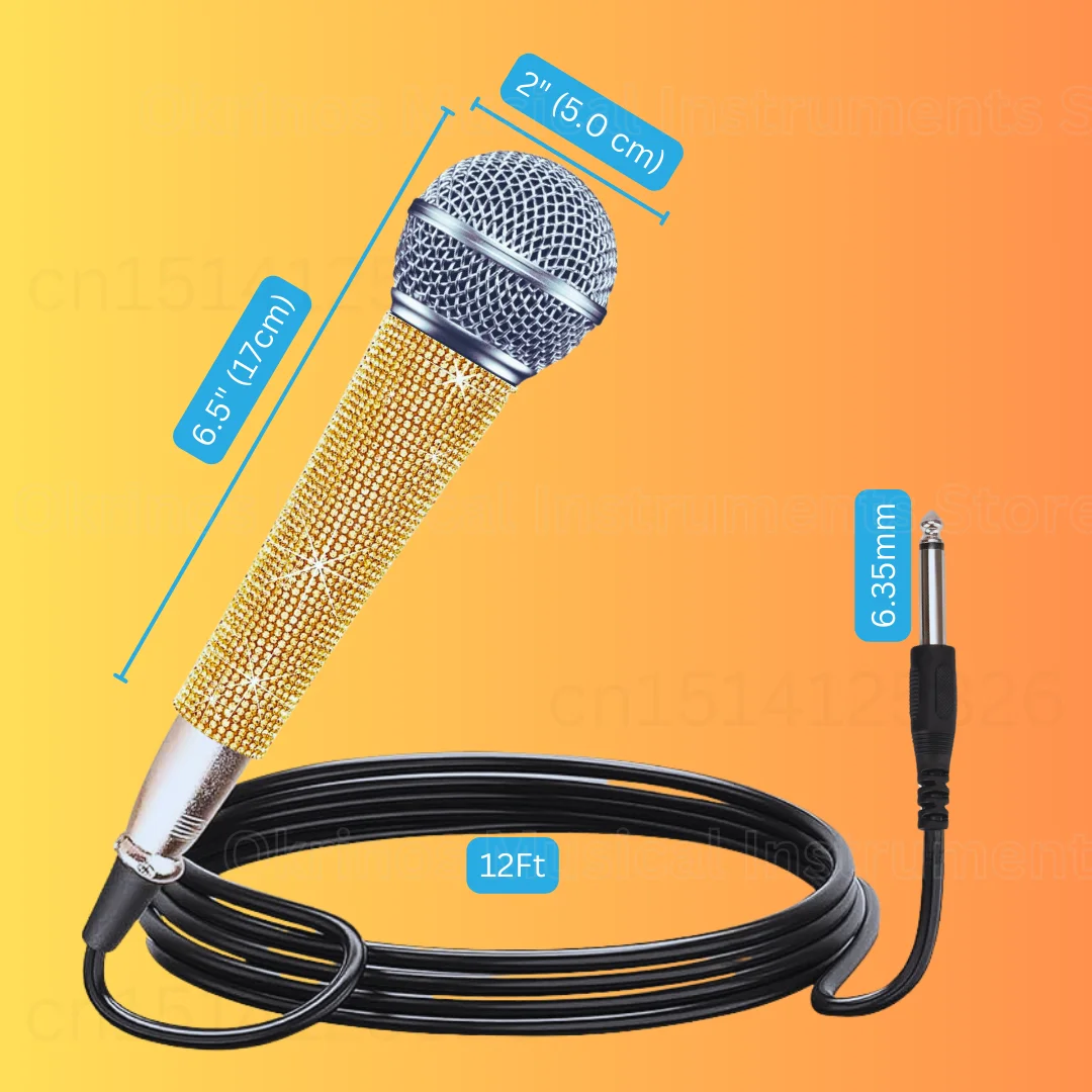 Shiny Luminous Golden Handheld Cardioid Dynamic Vocal Mic , 12ft Cable, Adaptors, Spherical Grille for Speakers and Performance