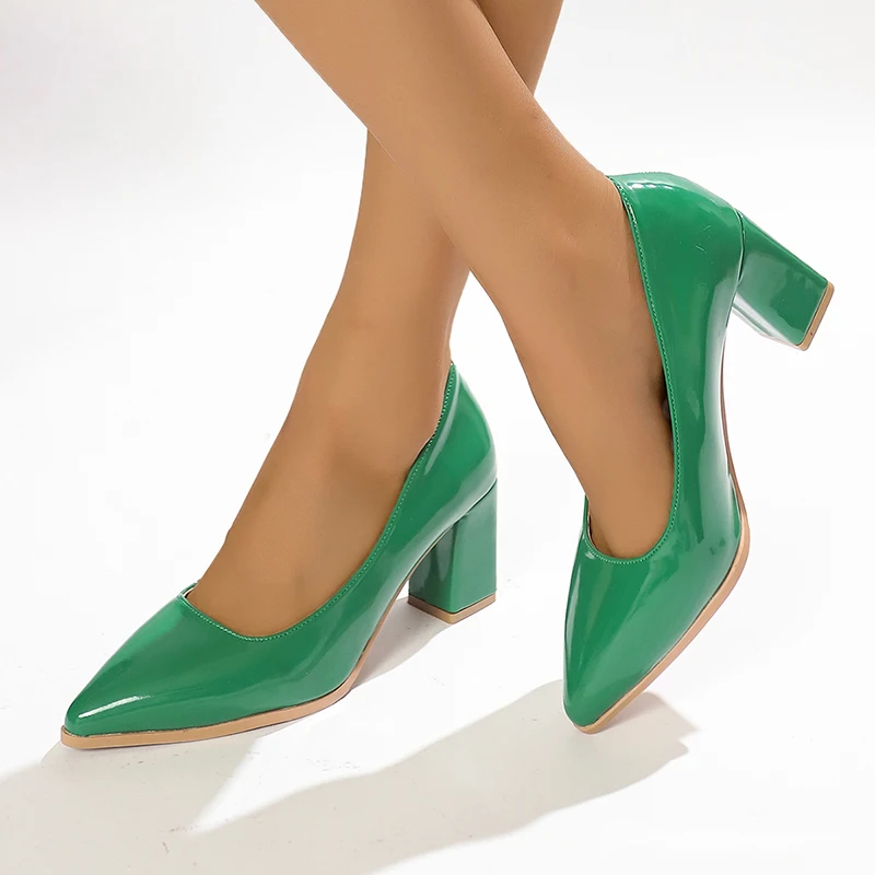 Women Shoes Green Chunky Heel High Heels Sexy Pointed Toe 7Cm Pumps Wedding Dress Shoes Rubber Bottom High Heels Ladies