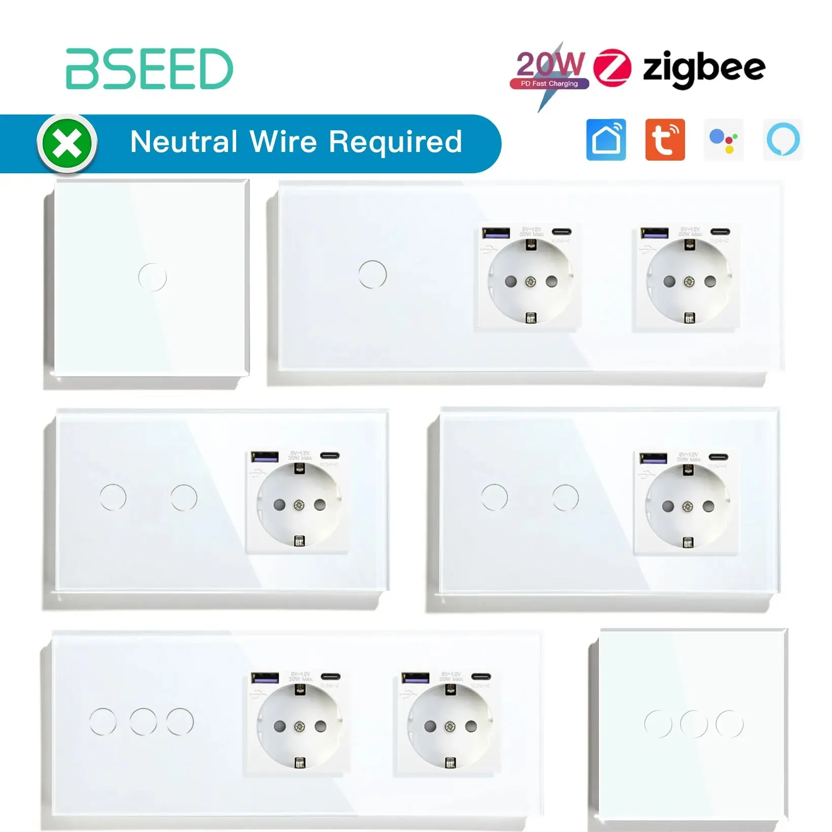 BSEED ZigBee Touch Switch 1/2/3Gang Smart Wall Light Switches Tuya APP Alexa Glass 20W Power Delivery USB Normal EU Sockets