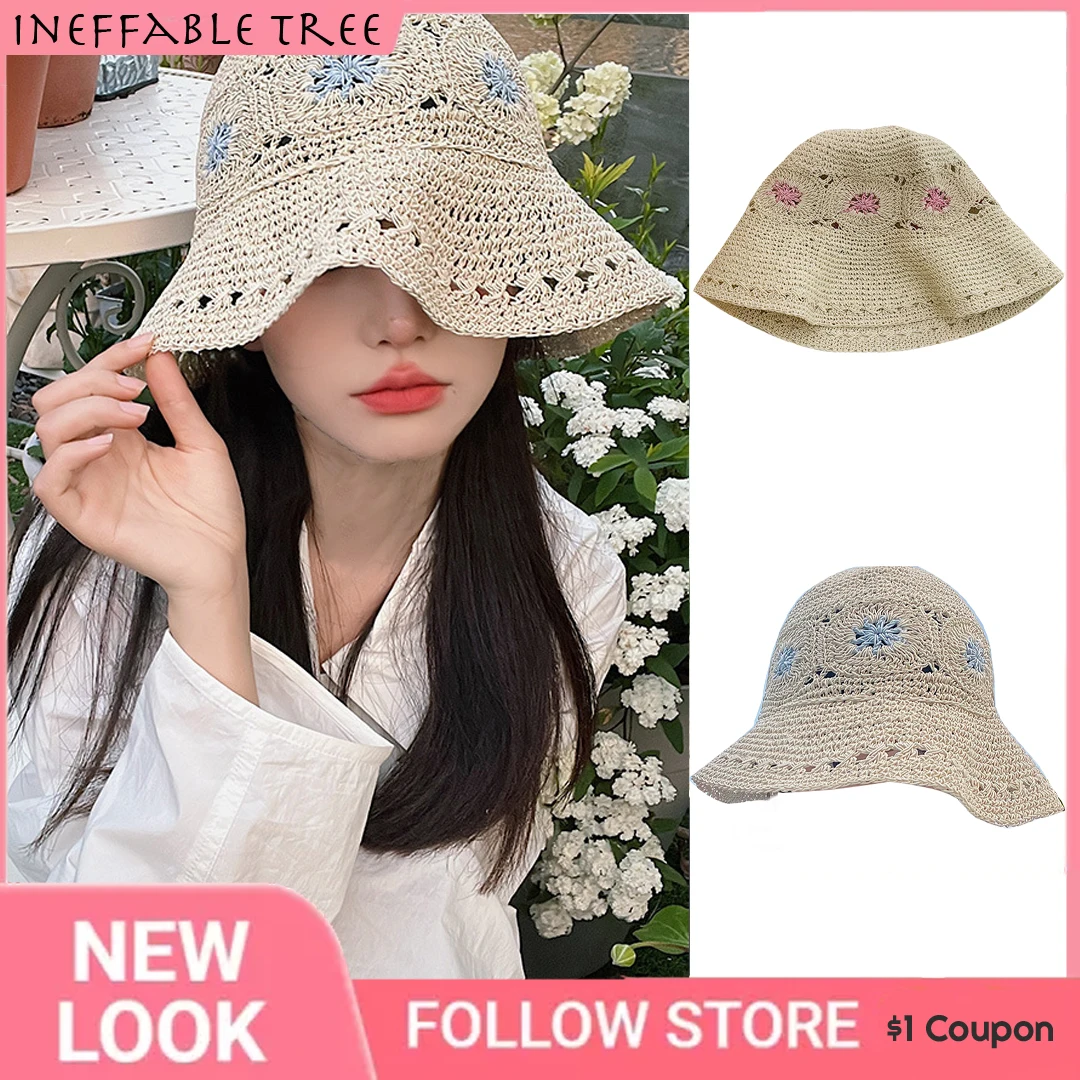 

Japan Korea Crochet Sun Hat Women Summer Flowers Pure Hand Woven Straw Beach Hat Sunshade Fisherman Cap Breathable Bucket Gorras