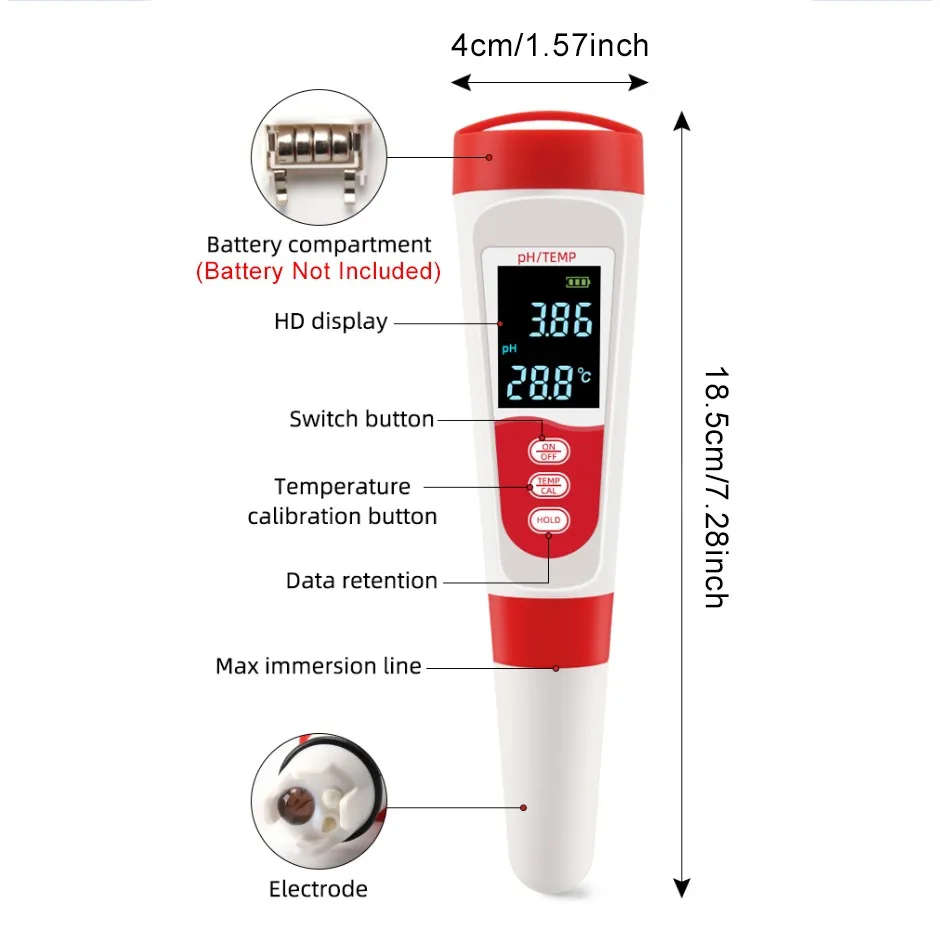 2-in-1 pH/TEMP Water Quality Tester High Sensitivity, Replaceable Probe LCD Display for Aquariums Hydroponics Swimming Pools