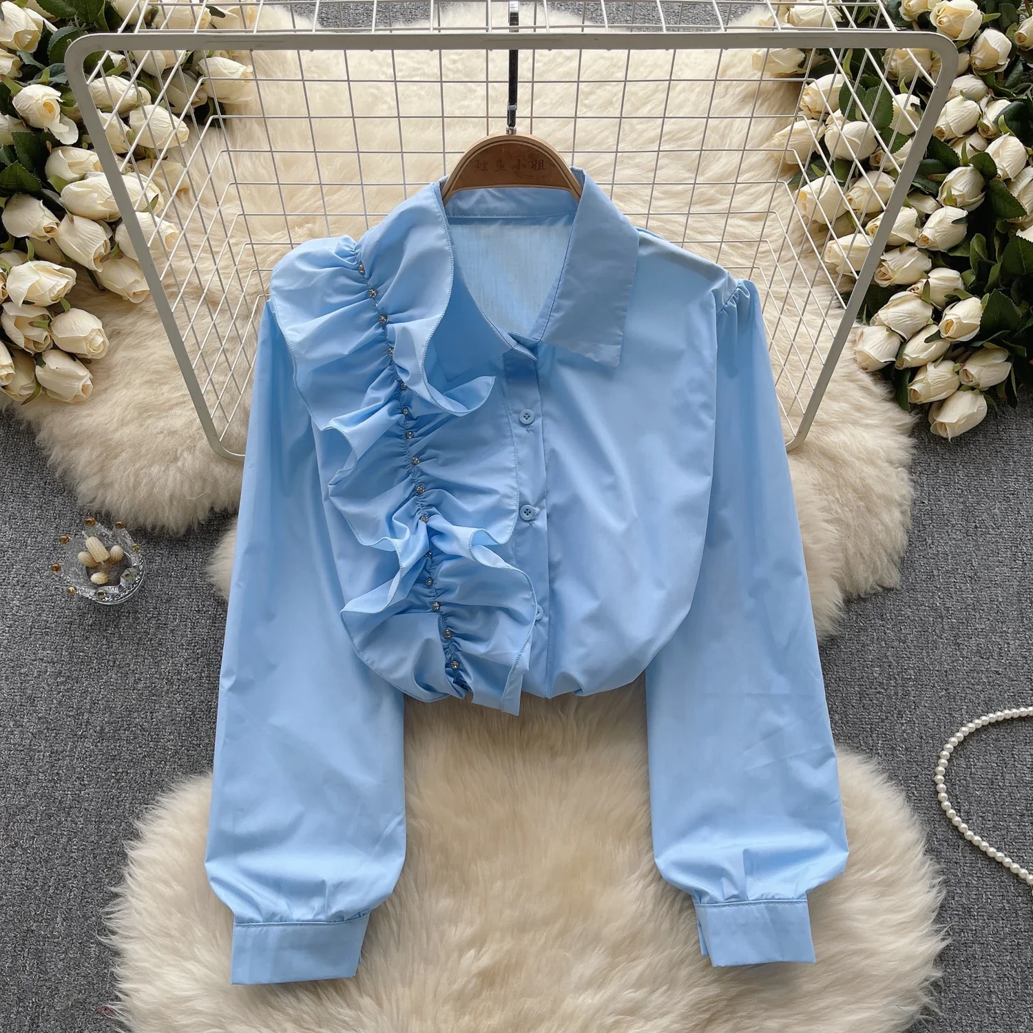 Chic Sweet Lantern Long Sleeve Lapel Ruffle Loose Blouse Elegant French Fashion Sexy Shirt Spring Autumn Women  Top