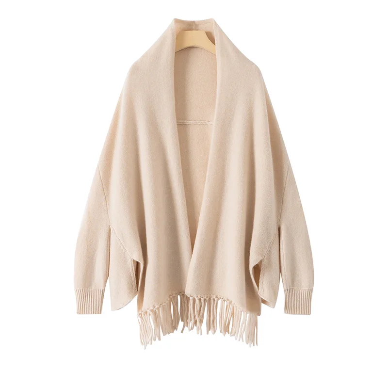 100% Pure Cashmere Shawl Women'S Cardigan Outerwear For Autumn And Winter Warm Shoulder Wrap Fringed Cape Knitted Outerwear