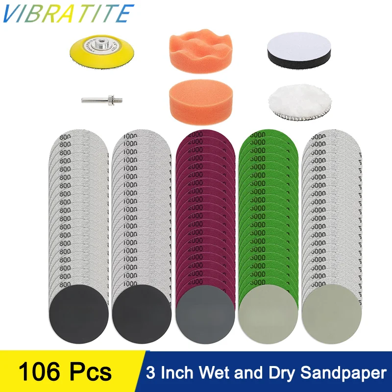 3 Inch Wet and Dry Sandpaper 106 Pcs Hook & Loop Sand Paper Assorted 800-5000 Grits for Headlight Restoration Kit Car Wood Metal
