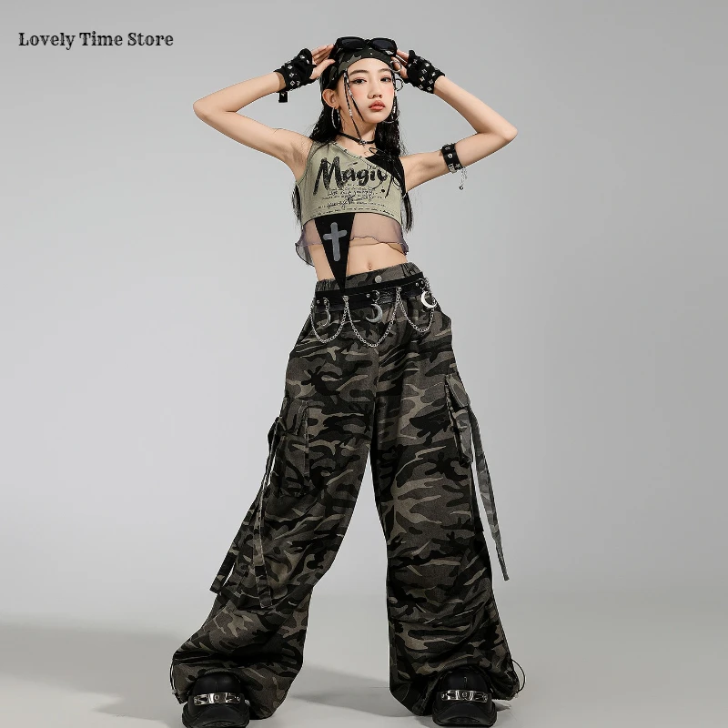 Girls K-pop Cool Crop Top Camouflage Cargo Pants Kids Hip Hop Streetwear Costume Child Jazz Girl Group Street Dance Clothes Sets