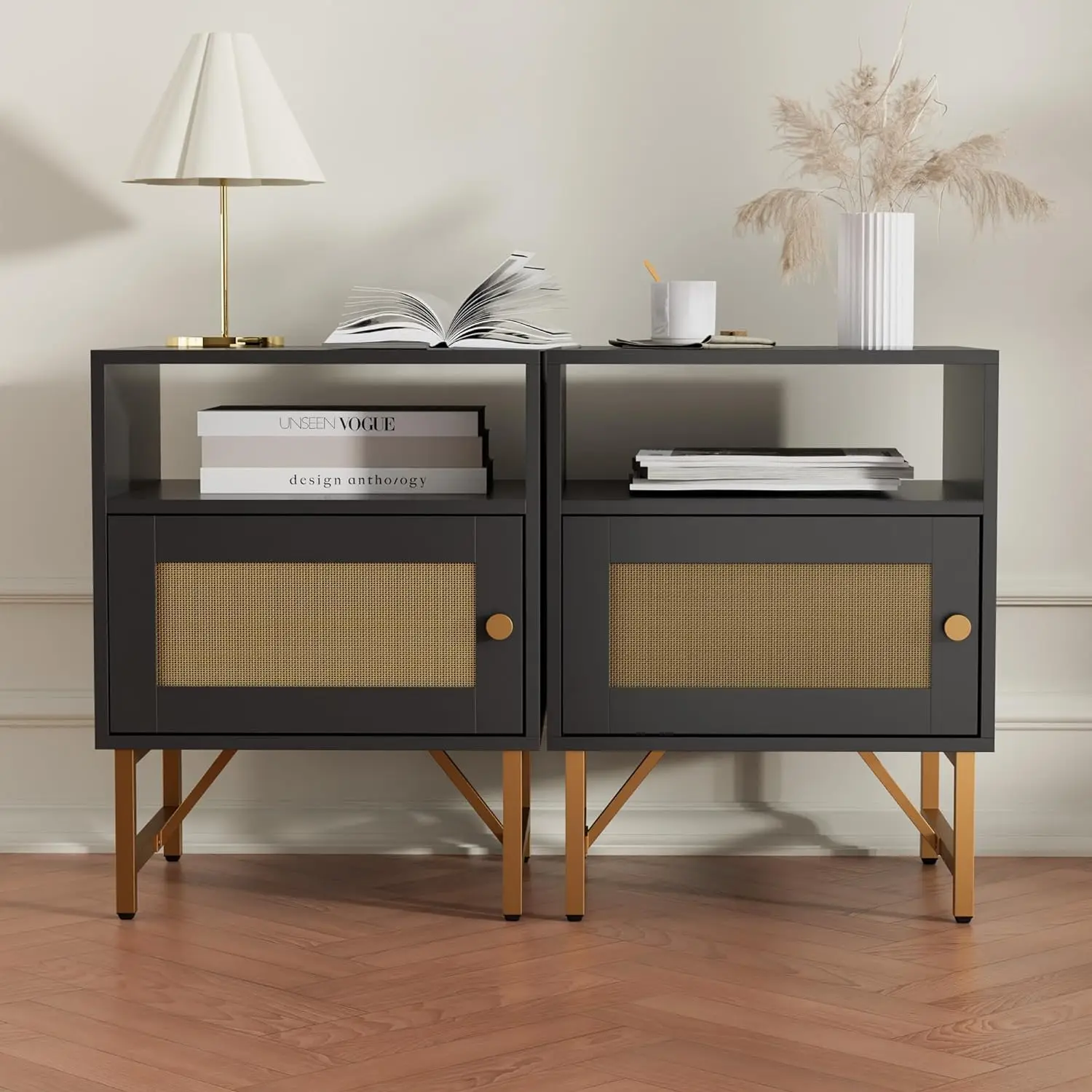 

Comfort Corner,Rattan Nightstand Set of 2, Wood Bedside Table End Table with Gold Frame, Accent Sofa Table for Living Room