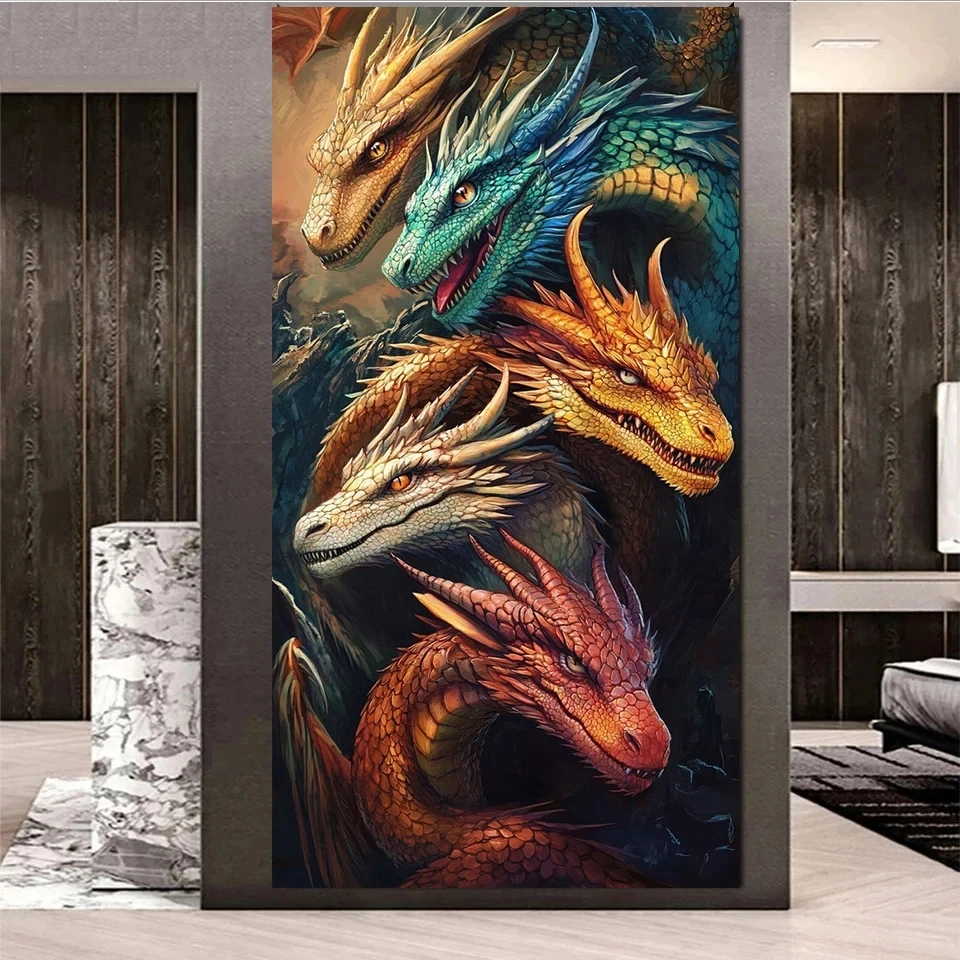 New Five Dragon Head Diy Diamond Painting New Full Square Round Diamond Embroidery Animal Picture Mosaic Living Room Decor