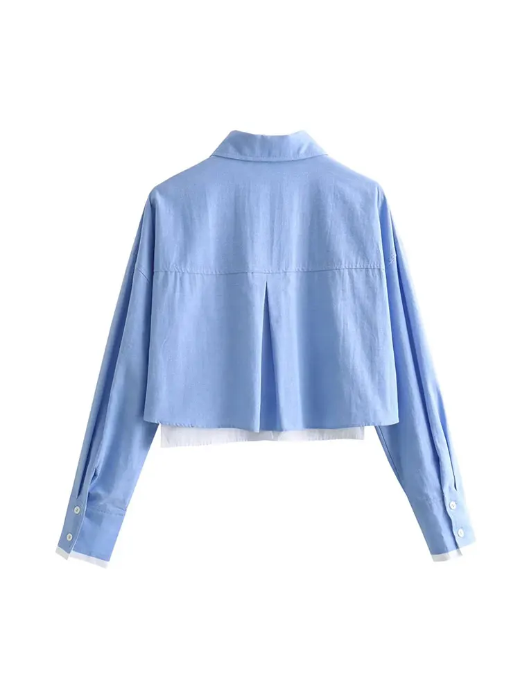 TRAF 2024 primavera blu Cropped Shirt donna camicie per le donne camicette abbottonate a maniche lunghe per le donne camicie Casual top