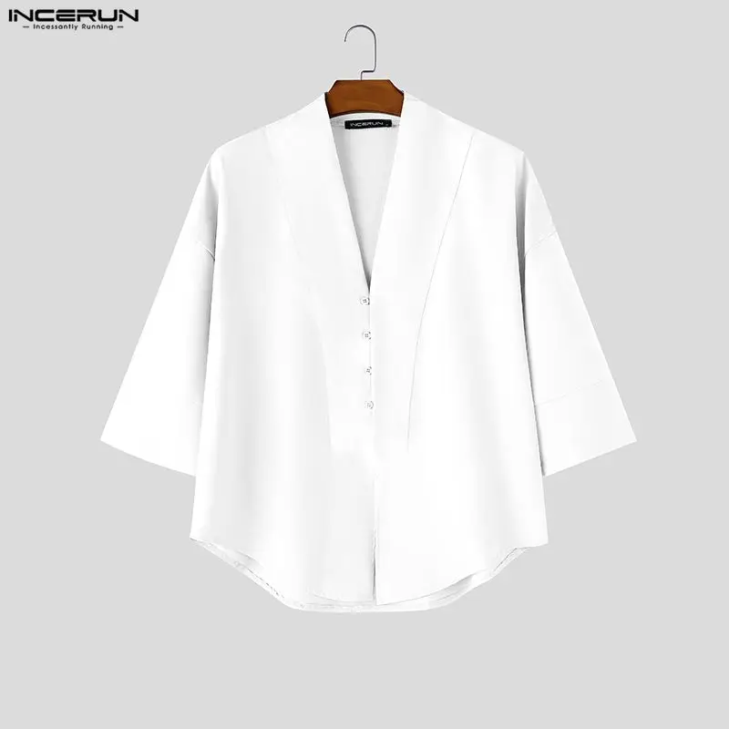 

INCERUN Men's Shirt Solid Color V Neck Half Sleeve Loose Men Clothes Streetwear 2026 Fashion Shirts Casual Tops For Man Camisa