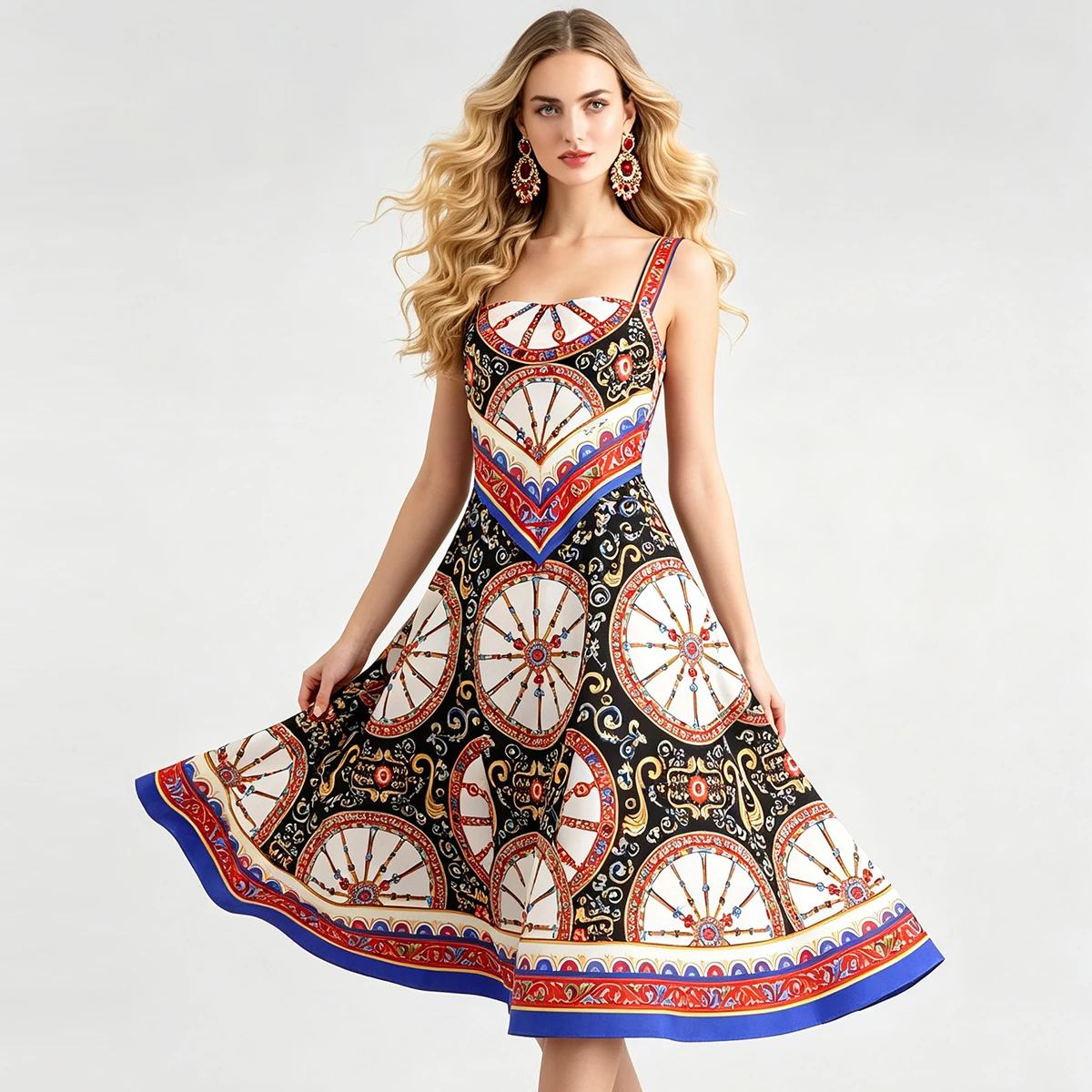 Picture 7: Vintage Baroque Print Midi Dress Women Square Collar Sleeveless A-Line Summer Dress Bohemian Party Beach Sundress Elegant