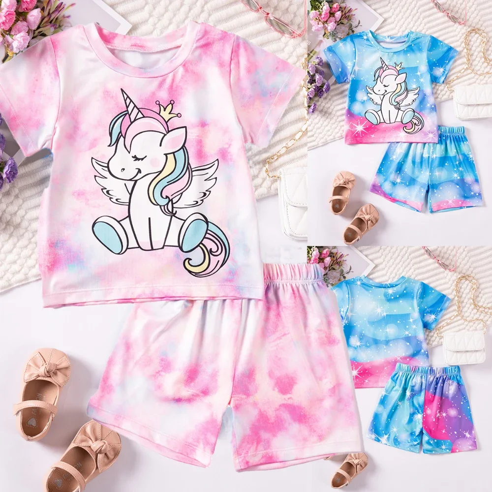 2pcs Children's Summer Unisex Suit Creative Clothes Star Tie-Dye Costume Unicorn Short Sleeve Top + Shorts Skin-friendly Smooth