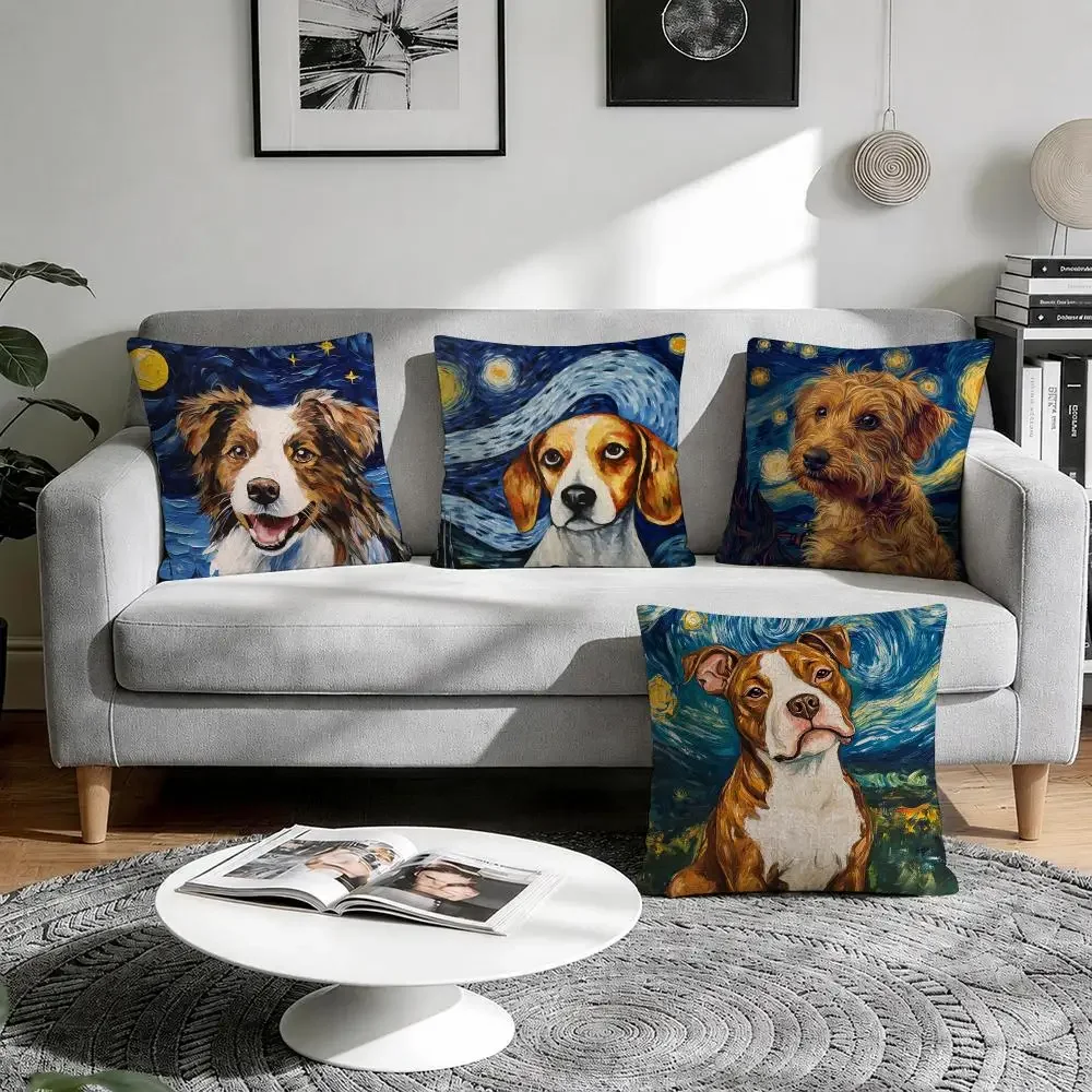 Catoon Starry Sky Dog Cushion Cover Natural Breathable Durable Linen Printed Decor Pillow Case Sofa Bedroom