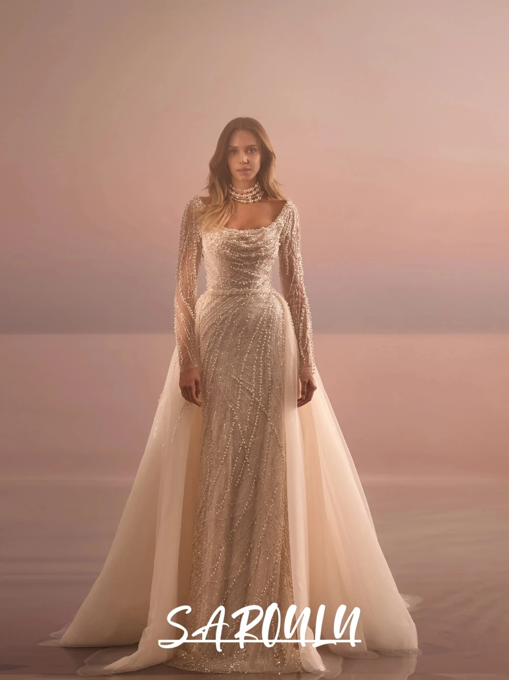 

Luxury Square Neck Mermaid Wedding Dress Sheer Long Sleeves Full Pearl Beading Sequin Embellishment Detachable Train Bridal Gown