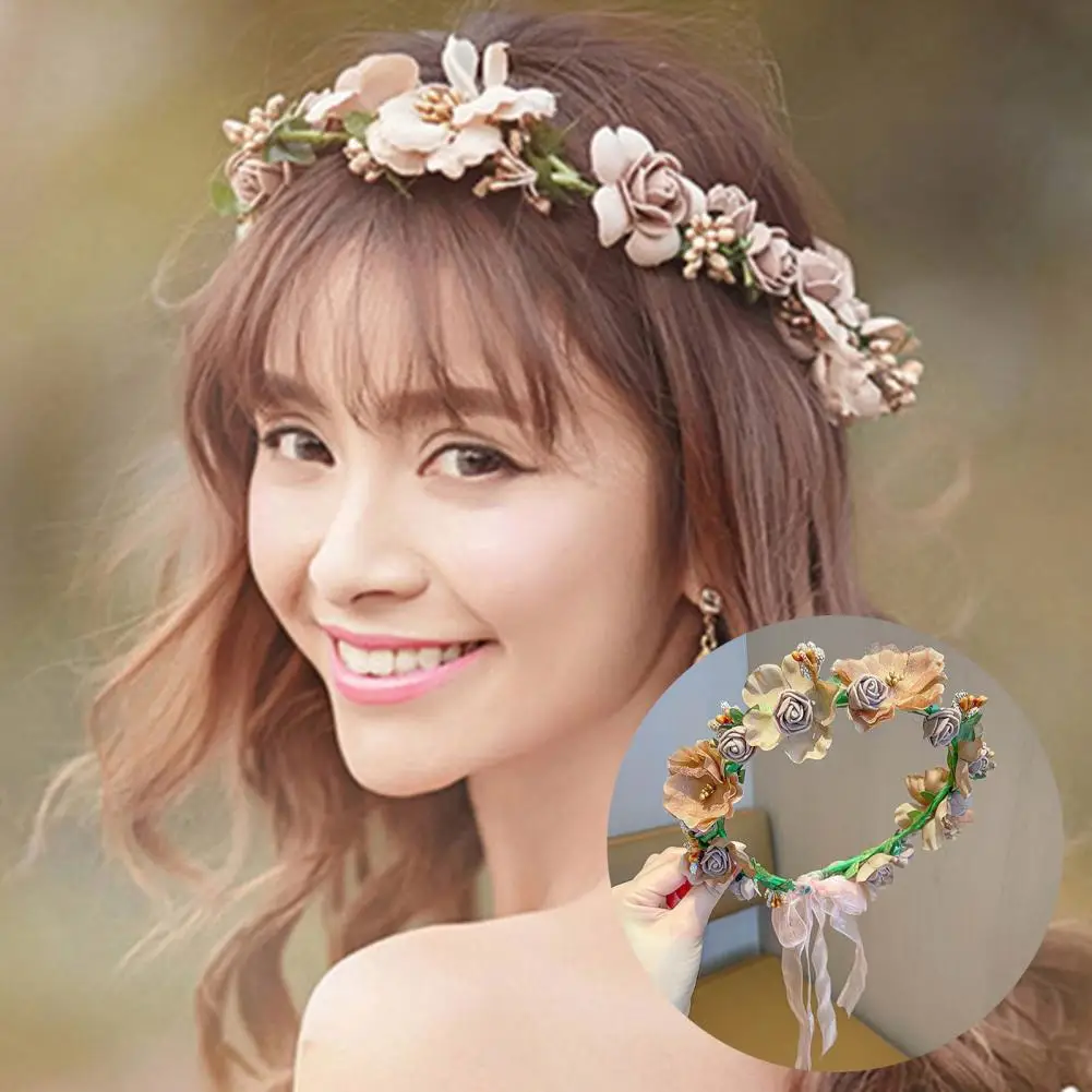 Women Flower Hairband Lace Up Princess Fairy Girls Flower Children Wreath Photo Prop Bridal Wedding Headband Flower Crown Party