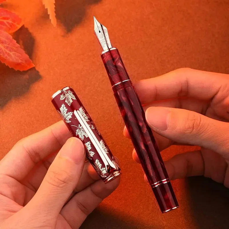 Hongdian N8 Penna stilografica in resina acrilica rossa con foglia d'acero Tappo intagliato EF/F Pennino Trim Penna per scrittura liscia con convertitore Penne regalo