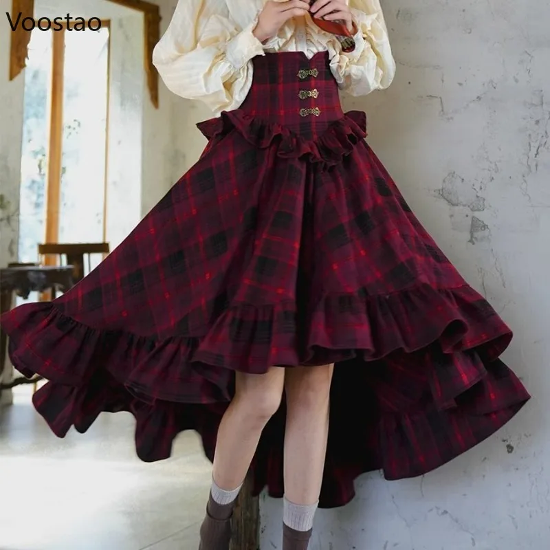 

France Style Elegant Sweet Skirts Autumn Winter Women Victorian Vintage Ruffles Slim Plaid Skirt Female Retro Y2k Tailcoat Skirt