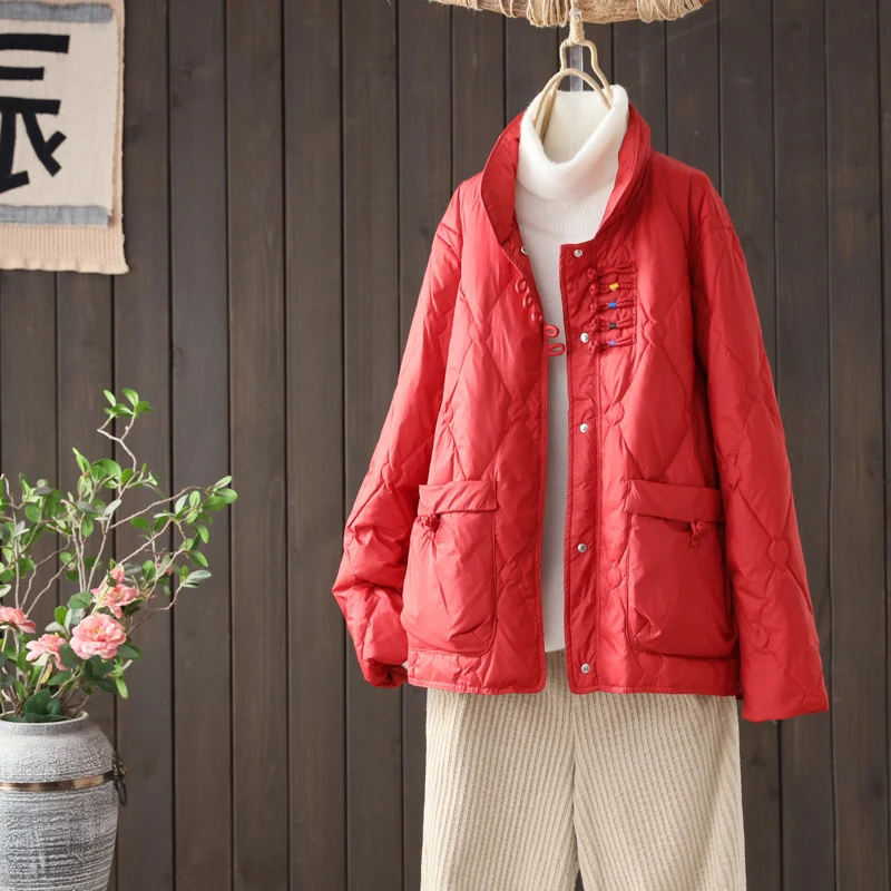 Schinteon Vrouwen Licht Donsjack Chinese Stijl Herfst Winter Uitloper Stand Kraag Warm Witte Eendendons Jas 2024 Nieuw