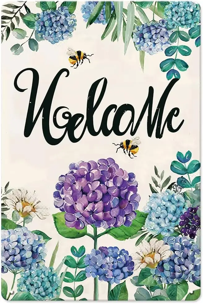 Spring Summer Hydrangea Garden Decor,Purple Blue Flower Floral Welcome Sign Seasonal Farmhouse Spring Decoration sign
