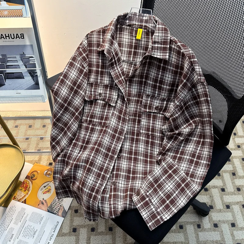 

Retro Plaid irt Loose Fit Men's Inner Wear Casual irt Jaet Street Sle Destruction Design Spring Youth Faion