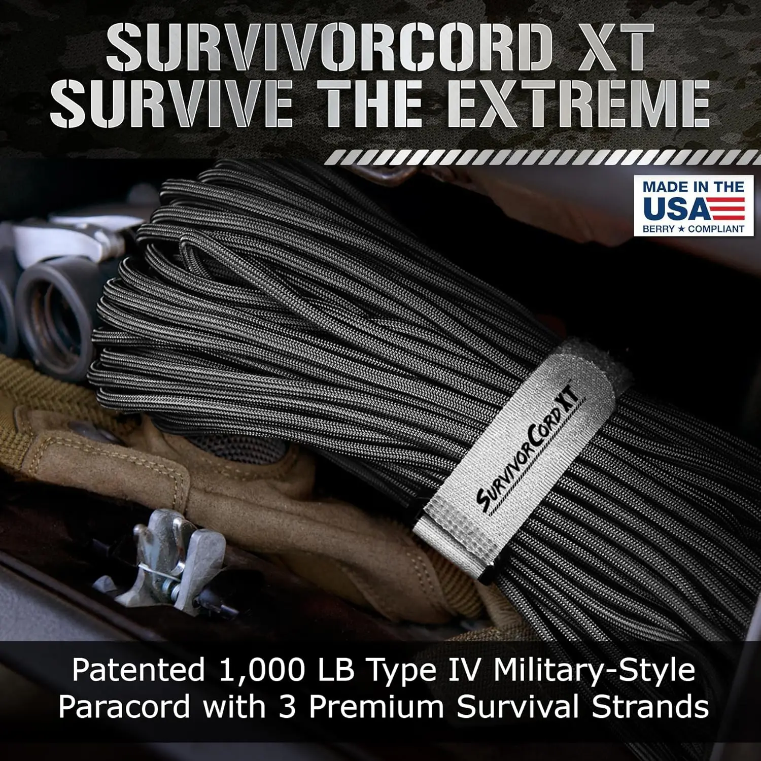 Survival Patented Paracord 750 USA Made - 25ft, 100ft, 500ft & Color Options - 1000LB Strength Survival Paracord Military Spec 3